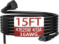 16/3 Indoor Extension Cord 15 FT, Black Extension Cord Flexible & Durable, 3 Prong Power Cable, Suitable for Home and Office, 13 Amp 1625 Watt 125VAC 16AWG, ETL Listed
