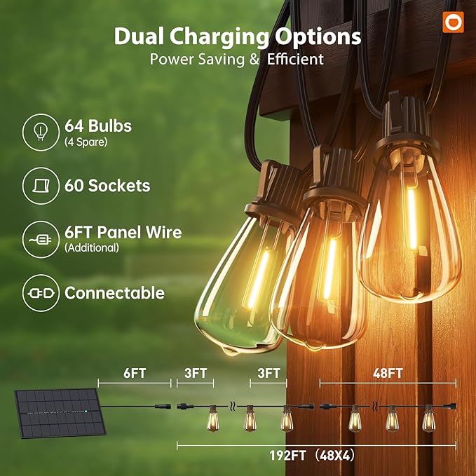 addlon 198FT(192+6) Solar String Lights Outdoor Waterproof, 60+4 LED Bulbs, Shatterproof Patio Lights with Remote, Dimmable & Timing, Hanging Lights for Garden Backyard Party Wedding Camping Decor