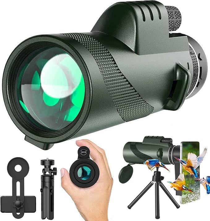 Monocular Telescope 80x100 High Powered Monoculars High Definition for Adults High Powered with Smartphone Adapter Telescope Hunting Wildlife Bird Watching Travel Camping Hiking Green