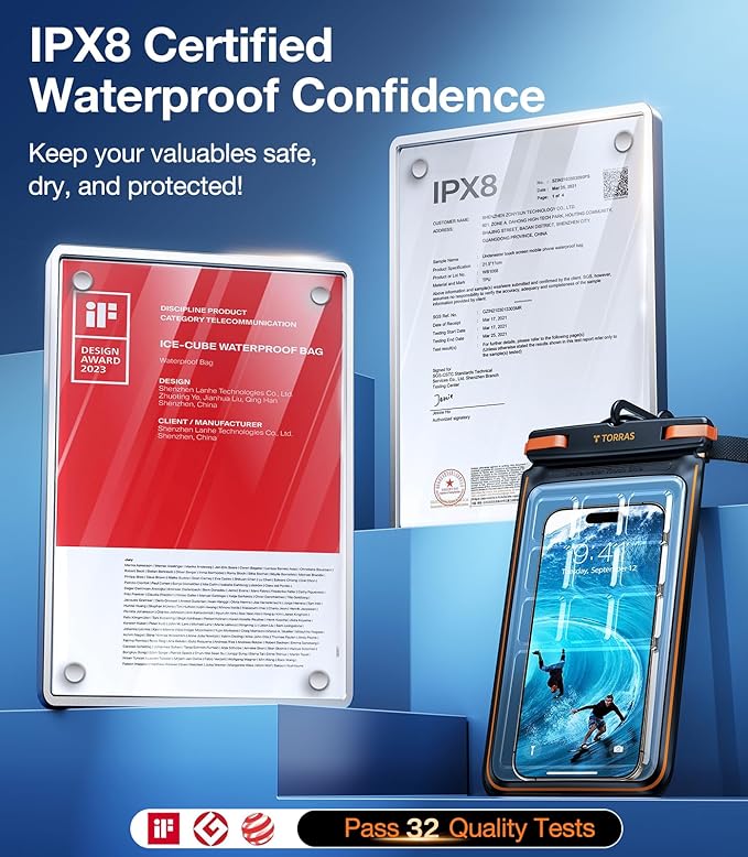 TORRAS IPX8 Waterproof Phone Pouch Floating, Underwater Screen Touchable, Water Proof Case with Lanyard for iPhone 17 Pro Max 16 S26, Cellphone Dry Bag Cruise Essentials 7.0 inch, Glacier Sprint