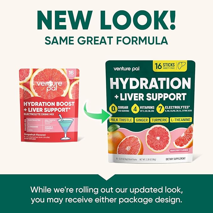 Venture Pal Hydration Packets + Liver Support- Liquid Daily IV Electrolyte Powder Packets with 7 Electrolytes & 5 Vitamins, Milk Thistle + L-Theanine | Sugar-Free | Keto Friendly | Vegan, 16 Sticks