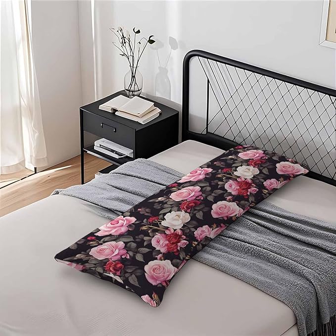 Outdoor Pillows Body Pillow Cover Rose Lumbar Body Pillow Case Protector Blossom Roses Body Cushion Covers Bed Body Pillowcases for Bedroom Couch Sofa 20"X54", Red Black