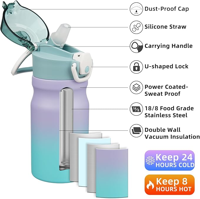 BJPKPK 14oz Insulated Water Bottle with Straw Stainless Steel Double Wall Water Bottles BPA Free Leak Proof Thermal Flask with Lockable Flip Lid,Lavender Green