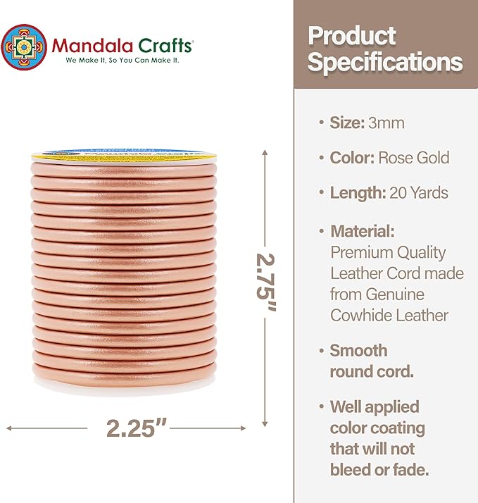 Mandala Crafts Round Genuine Rose Gold Leather Cord for Jewelry Making – 3mm Cowhide Leather Rope String Lace for Kumihimo – 20 Yards Cowhide Craft Cording Spool