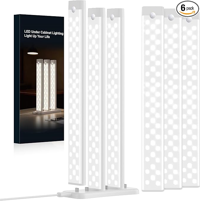 12 Inches Under Cabinet Lighting 6 Packs with 1 Charging Station, Rechargeable Motion Sensor Light Indoor, 3 Color Temps, Dimmable Closet Light Stick on, Under Counter Lights for Kitchen