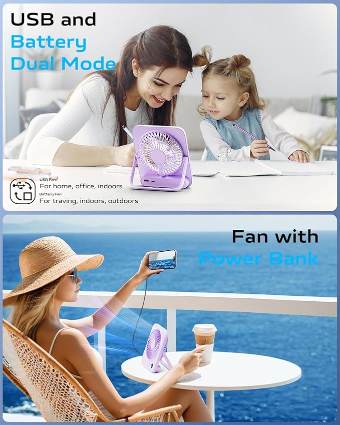 Otlonpe Portable Desk Fan 6.5 Inch, 4000mAh Rechargeable Battery Operated & USB Powered, 23Hrs Cordless Small Personal Fan 4-Speed Quiet for Office Travel Home Sleeping, Led Display, Foldable (Purple)