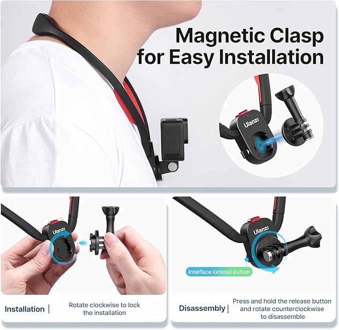 ULANZI Go-Quick II Neck Mount for GoPro Magnetic Necklace Holder, Camera POV Mount for GoPro Hero 13/12/11/10/9/8/7/6/5/4/MAX, AKASO, DJI Osmo Action 5 Pro/4/3, Insta360 and Most Action Cameras