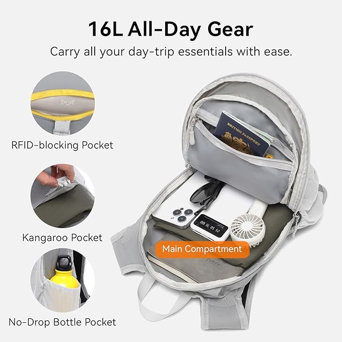 16L Small Hiking Backpack, CROSSGEAR Lightweight Waterproof Foldable Backpack, Travel Camping Outdoor Daypack for Women Men, Gray