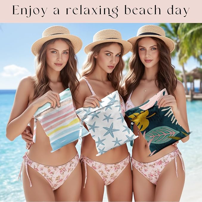 3 Pcs Wet Bag, Wet Dry Bag, Waterproof Bag, Small Laundry Bag, Wet Bag for Pool, Beach, Swimsuit, Makeup Bag, Diapers, Cruise Ship Essentials, Leaves Beach Accessories Travel for Women