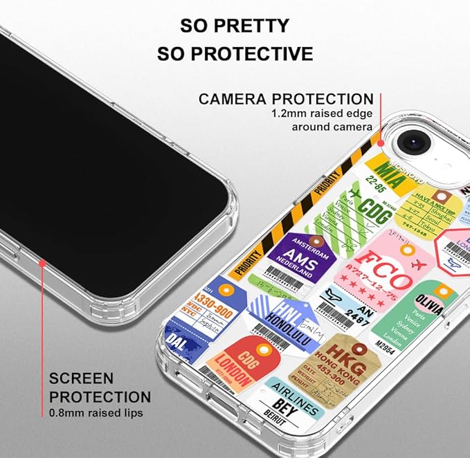 MOSNOVO for iPhone 17e Case/iPhone 16e Case, Shockproof Military-Grade Protection 6.6ft Drop Tested, Clear Phone Case for iPhone 16e / iPhone 17e, Air Ticket Labels Design
