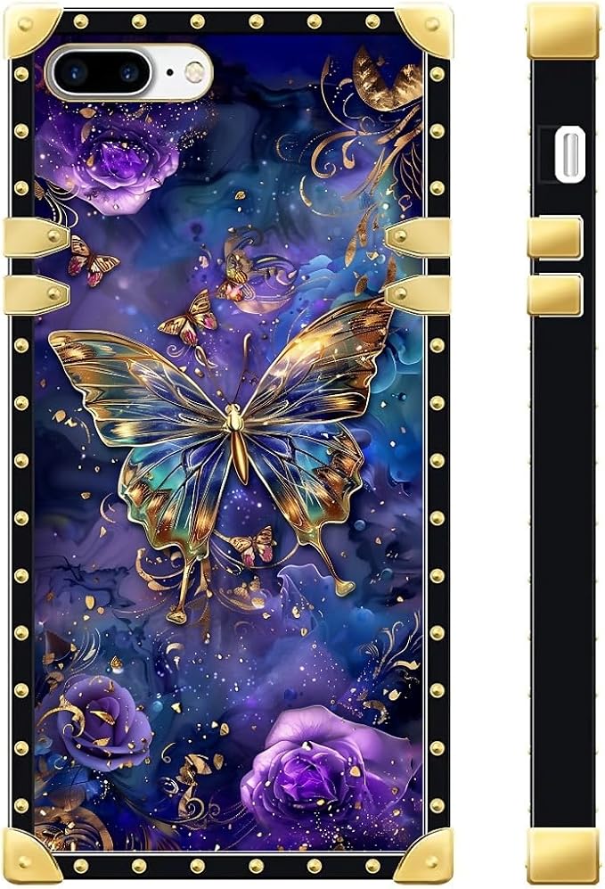 Compatible with iPhone 8 7 SE Case, Glistening Golden Butterfly Vibrant Purple Blue Luxury Golden Decoration for Girl Women Soft TPU Shockproof Protective Hard PC Back
