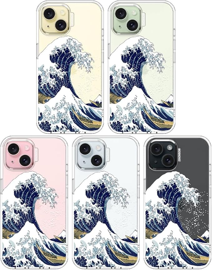 MOSNOVO Case for iPhone 15, [Buffertech 6.6ft Military-Grade Drop Protection] [Anti Peel Off Tech] Clear TPU Bumper Phone Case Cover Design - Great Wave