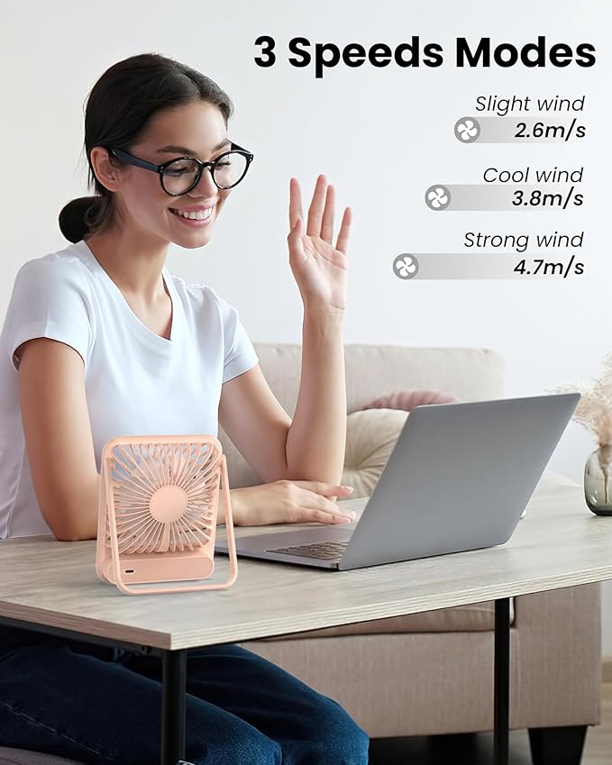 Koonie Desk Fan, Ultra Quiet 2.5-11h Battery Operated Small USB Fan with Strong Wind, 180° Tilt Folding and 3 Speeds Adjustable, Battery Powered Mini Personal Fan for Office Bedroom Desktop Pink