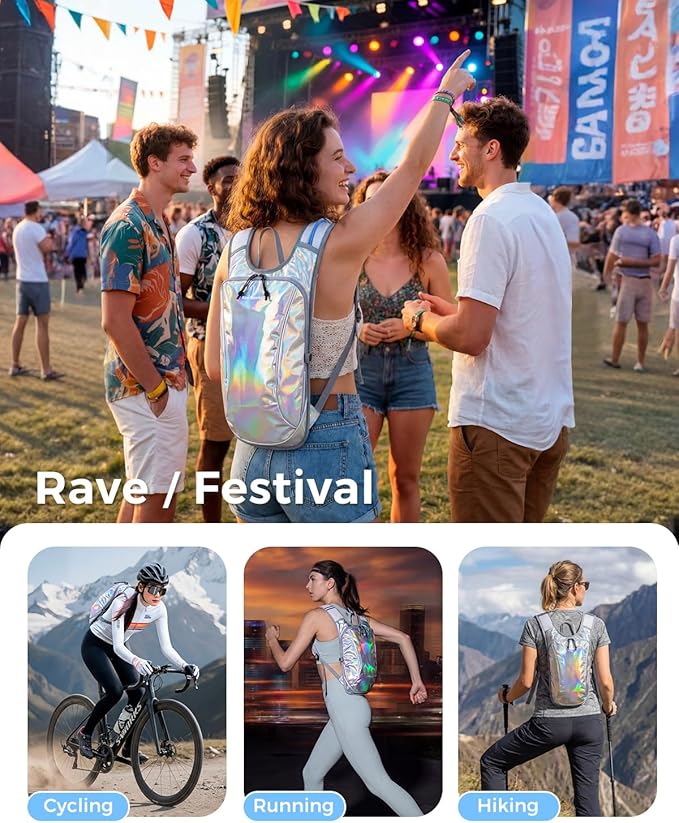Blue Quartz Rave Hydration Backpack, Reflective Hiking Pack with 2L Water Bladder & Phone Pocket, Hydro Pack with Insulated Compartment for Festival Running Cycling for Men Women