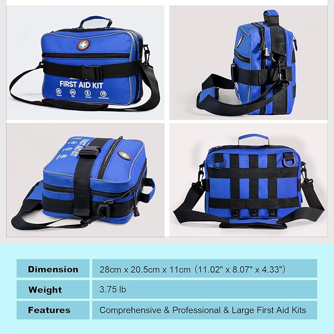 Professional 435 Pieces Large First Aid Kit - Includes Compressed Gauze - Compartments Emergency Medical Kit for Home, Camping, Backpacking, Travel, Boat, Car,Outdoors (Blue)