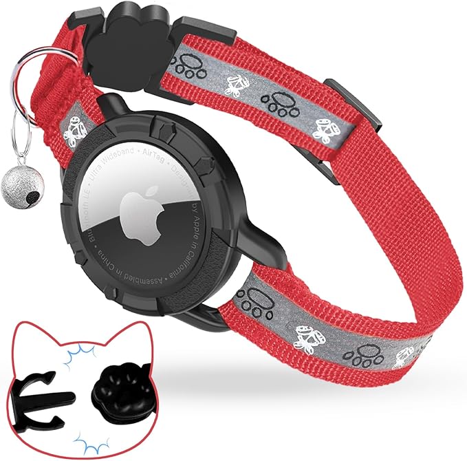 Breakaway AirTag Cat Collar, Reflective Cat Tracker Collar with Air Tag Holder and Bell, Safety Elastic Band Cat GPS Collars for Girl Boy Cats, Kittens and Puppies (Red, 8-13'')