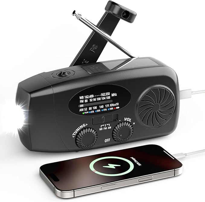 Weather Emergency Radio, Portable Solar AM/FM/NOAA Hand Crank Radio, Cell Phone Charger with SOS, 1W LED Flashlight, Headphone Jack, Power for Emergency Preparedness (Black)