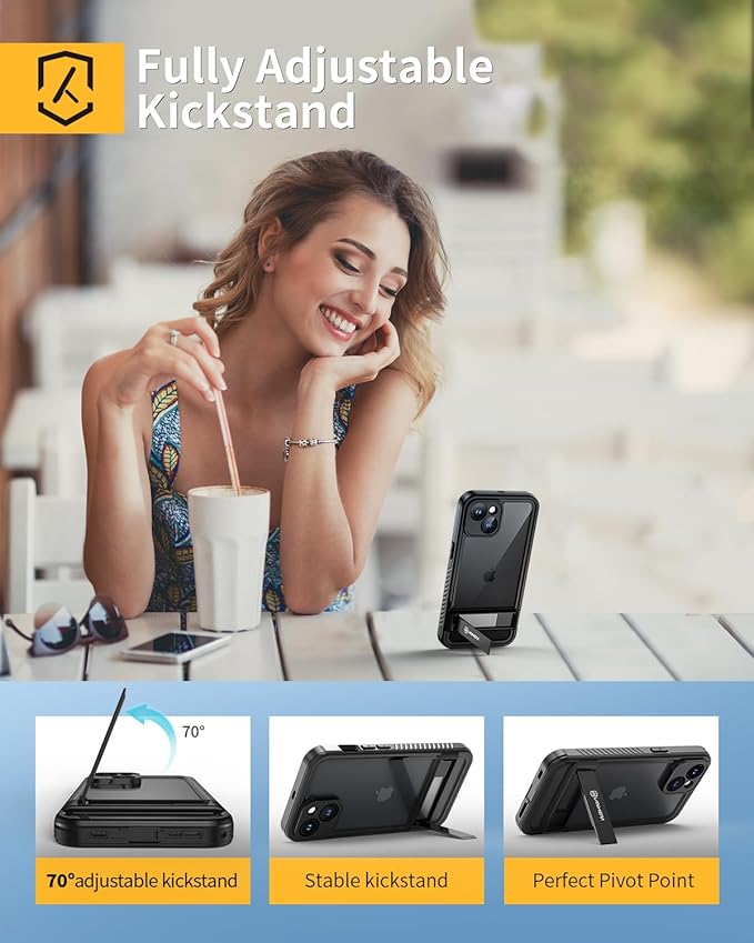 Lanhiem for iPhone 15 Case with Kickstand, IP68 Waterproof Dustproof Built-in Screen Protector, Full Body Shockproof Protective Front and Back Cover for iPhone 15, 6.1 Inch (Black)