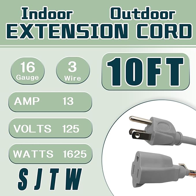 Indoor Outdoor Extension Cord 10 FT, 16/3 SJTW Weatherproof Grey Electrical Cords, 13 AMP Heavy Duty 3 Prong Power Cable Great for Garden, Landscaping & Holiday Decorations