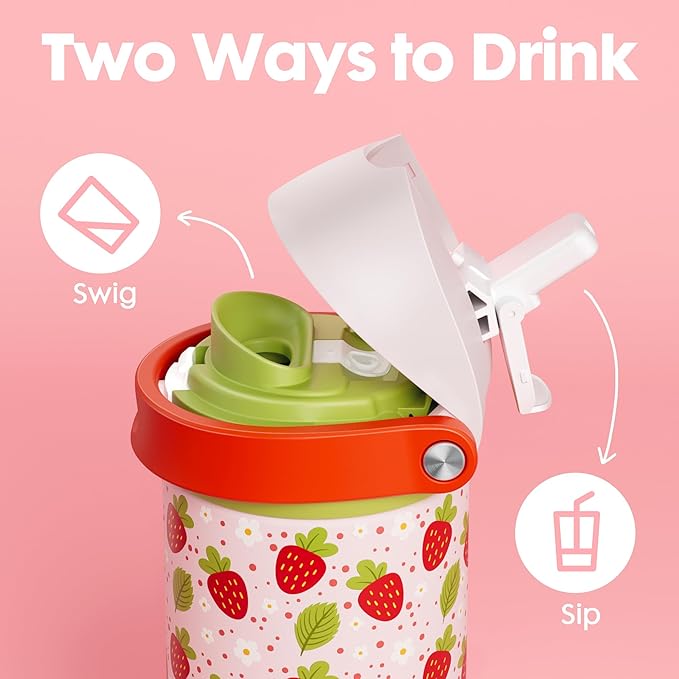 18 oz Insulated Water Bottle for Kids: Meoky Stainless Steel Water Bottle with 2-in-1 Straw and Spout Lid - Leak Proof, Cold for 24 Hours, BPA-Free for Girls School Sports, Strawberry Garden