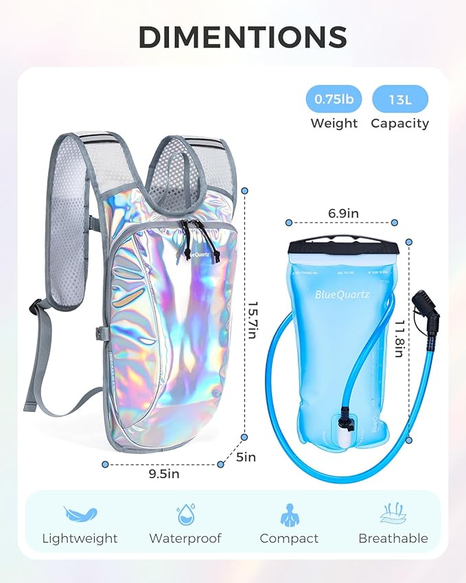 Blue Quartz Rave Hydration Backpack, Reflective Hiking Pack with 2L Water Bladder & Phone Pocket, Hydro Pack with Insulated Compartment for Festival Running Cycling for Men Women