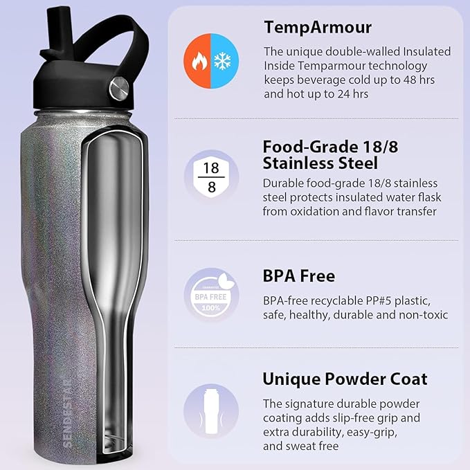 SENDESTAR Water Bottle,Wide Mouth Stainless Steel Vacuum Insulated Double Wall Keep Liquids Cold or Hot All Day,Sweat Proof Sport Design,Fit Car Cup Holder,Laser Grey,40,Ounces