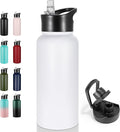 VEGOND 32 oz Insulated Water Bottle Stainless Steel Metal Water Bottles with Leak Proof Straw Lid & Spout Lid, Wide Mouth Double Walled Vacuum Travel Sports Bottle, White
