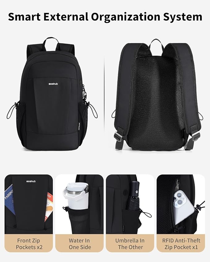 ECOHUB Mini Anti-Theft RFID Backpack for Women and Men, Water-Resistant, Lightweight Travel Daypack with iPad Sleeve, Key Holder, 9 Pockets, Daily Short Trips, Black