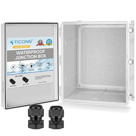 TICONN Outdoor Electrical Box Waterproof, Junction Box IP67 ABS Plastic Enclosure with Hinged Cover with Mounting Plate, Wall Brackets, Cable Glands (Off-White, 24.8"x20.9"x9.8")