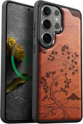 Carveit Magnetic Wooden Case for Samsung Galaxy S26 Ultra Case 2026, TPU Shockproof Cover & Wood Artisan Engraved, Compatible with MagSafe Wireless Chargers (Cherry Blossom with Mount Fuji) Rosy