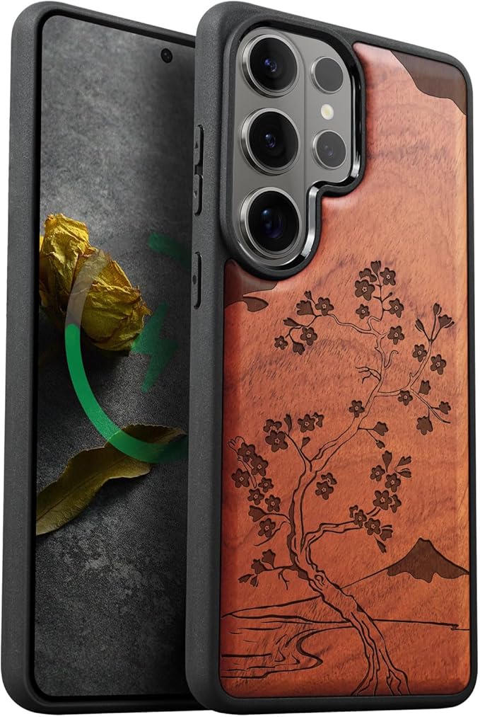 Carveit Magnetic Wooden Case for Samsung Galaxy S26 Ultra Case 2026, TPU Shockproof Cover & Wood Artisan Engraved, Compatible with MagSafe Wireless Chargers (Cherry Blossom with Mount Fuji) Rosy