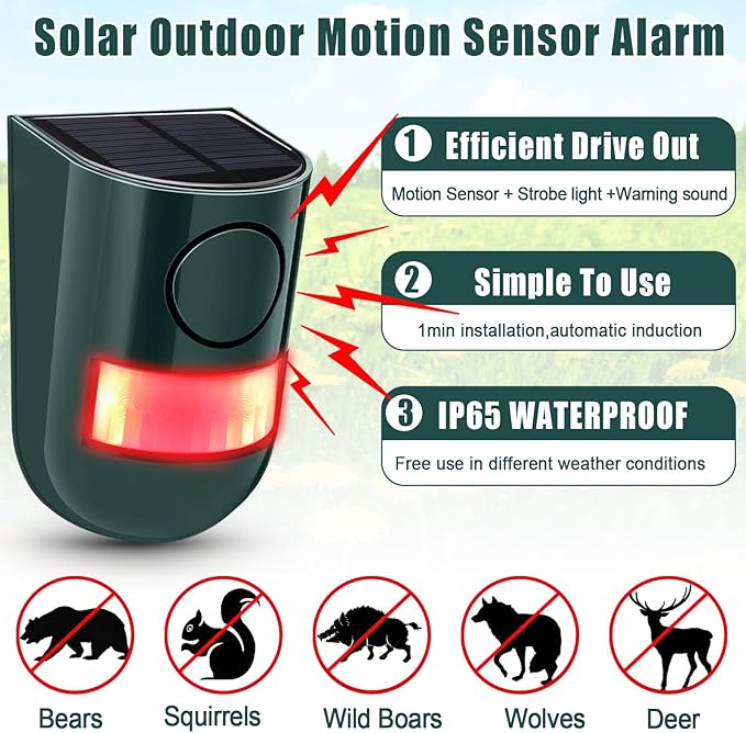 Qualirey Solar Sound and Light Alarm Motion Sensor 129db Outdoor Security Siren Waterproof Activated Detector Driveway Alarm 6 LEDs Flash Warning Deterrent Strobe System for Home, Farm(Green,2 Pack)