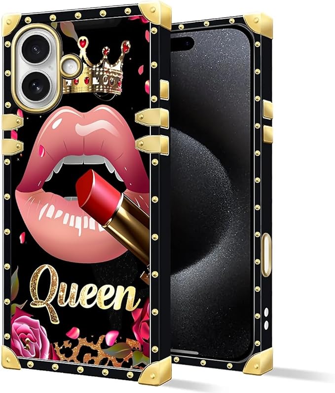 for iPhone 17 Case Luxury Golden Decoration for Girl Women Soft TPU Shockproof Protective Hard PC Back for iPhone 17 Crazy Pattern Glitter Red Rose Queen Leopard Lipstick