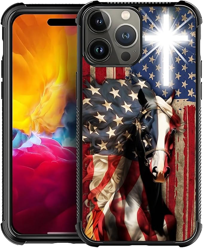for iPhone 15 Pro Max Case, Red American Flag Horse Cross Pattern Graphic Design Girl Boy Soft Silicone Hard Acrylic Shock Protection for iPhone 15 Pro Max