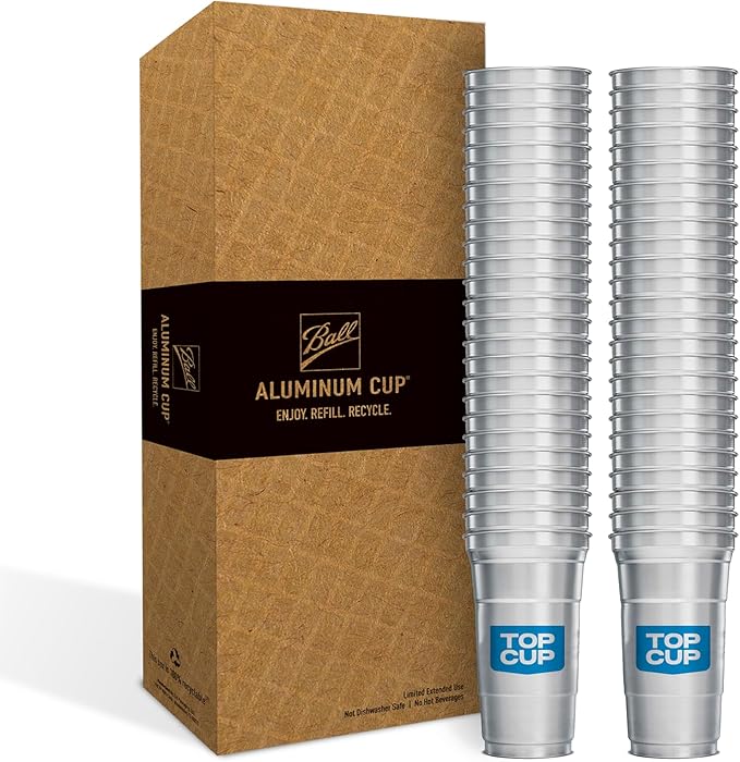 Top Cup Aluminum Cups, 12 oz Reusable Party Cups, Cold-Holding, Recyclable, 12 oz Cup, 50 Cups Per Pack, Made in USA