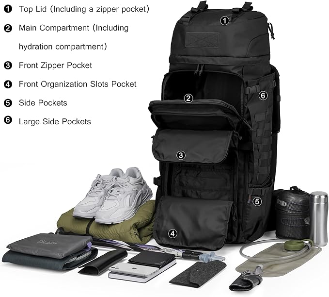 Mardingtop 75L Molle Hiking Internal Frame Backpacks with Rain Cover for Camping,Backpacking,Travelling(Black)