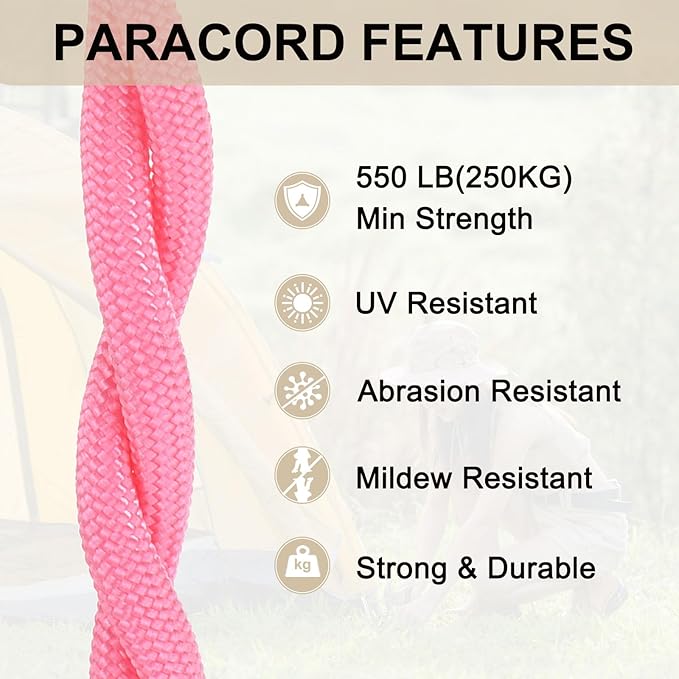 550 Paracord Rope 10ft, 4mm Thin Paracord Nylon Cord 7-Strand Core [for Tent Camping Outdoor Gear] - Fluorescent Pink