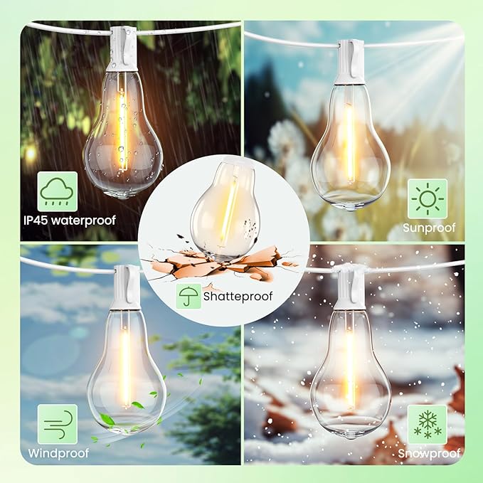 Outdoor String Lights LED String Lights for Outside with 27 Shatterproof Bulbs (2 Spare), 50FT Porch White Hanging String Light for Balcony Pergola Gazebo Patio Decor White Cord