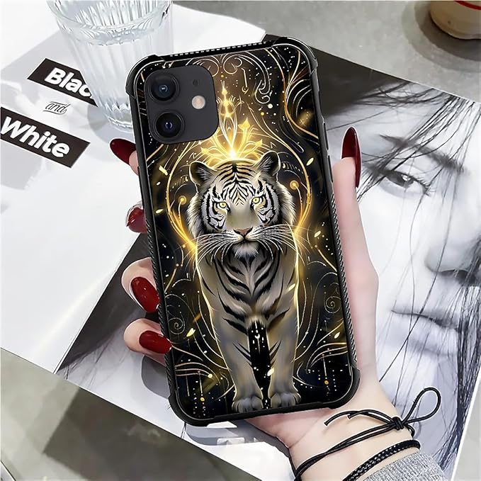 for iPhone 11 Case, White Tiger Golden Mystery Pattern Graphic Design Girl Boy Soft Silicone Hard Acrylic Shock Protection for iPhone 11