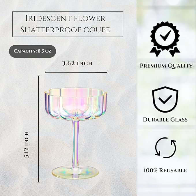 Khen Shatterproof Acrylic Flower Wavy Vintage Art Deco Martini, Champagne & Cocktail Iridescent Rainbow Plastic Tritan Coupe Glasses | 4 Set | 8.5oz Glassware Classic Cocktail Indoor & Outdoor Set