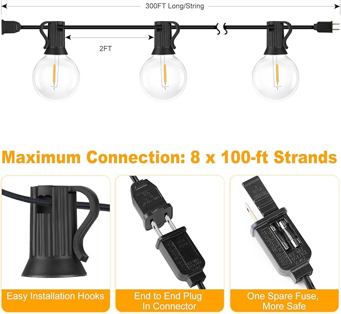 Bosceos 300ft (100ft*3) Outdoor G40 LED Globe String Lights Dimmable Waterproof Shatterproof Light Strings Connectable Commercial Hanging Lights for Christmas Patio House Backyard Balcony Party