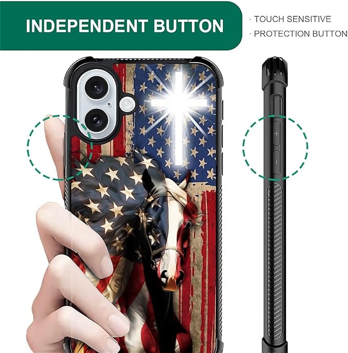for iPhone 16 Plus Case, Red American Flag Horse Cross Pattern Graphic Design Girl Boy Soft Silicone Hard Acrylic Shock Protection for iPhone 16 Plus