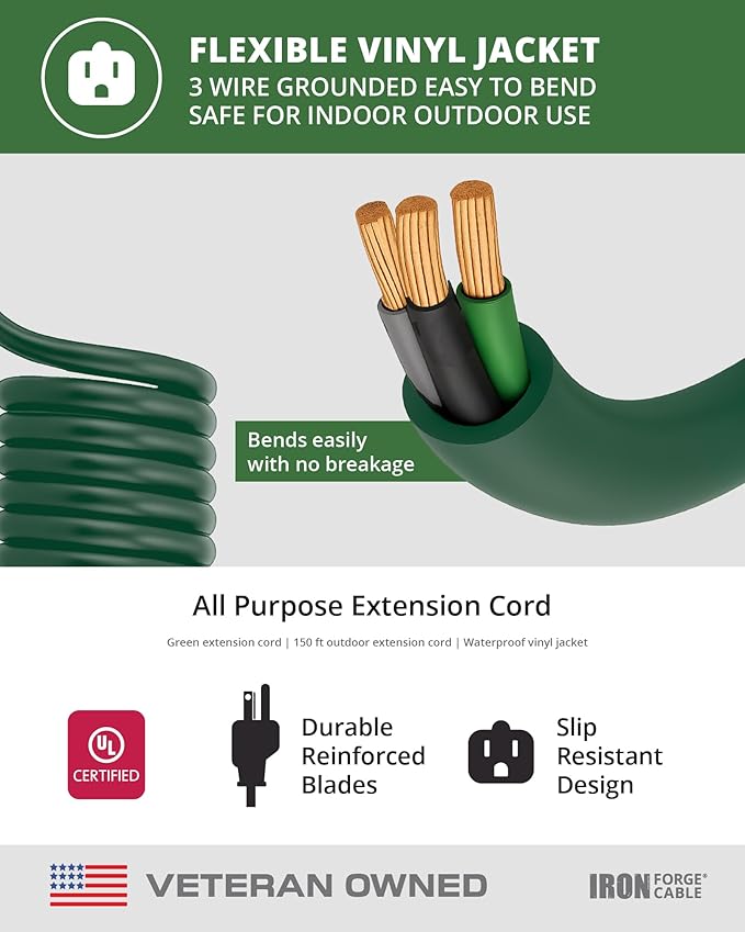 Iron Forge Cable Weatherproof 150 Ft Outdoor Extension Cord - 16/3 SJTW Heavy Duty Green Extension Cord 3 Prong - 10 Amp Exterior Power Cable