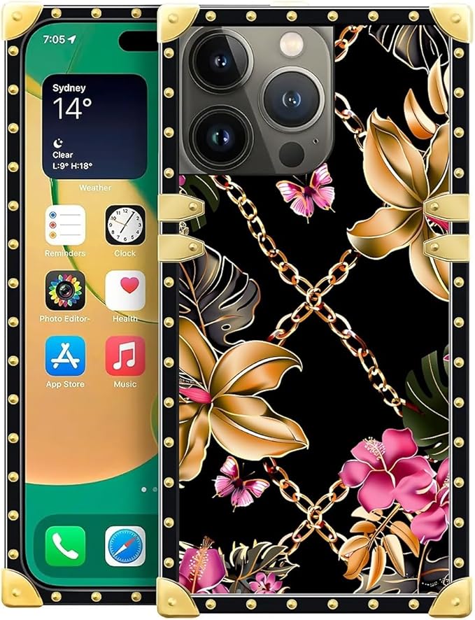 Compatible with iPhone 14 Pro Max Case, Pink Golden Chain Tropical Flower Luxury Golden Decoration for Girl Women Soft TPU Shockproof Protective Hard PC Back for iPhone 14 Pro Max