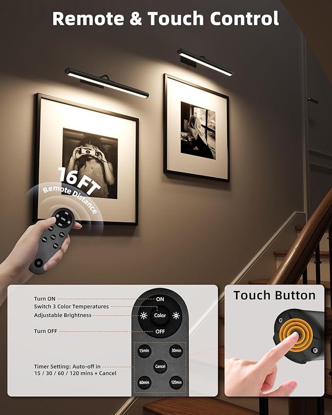EZVALO 16in Picture Lights for Wall, Rechargeable 6000mAh Cordless Art Lights with Remote, 3 Color Temperatures LED Painting Lights for Artwork, Frames, Gallery (Black, 2Pack)