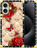 for iPhone 17 Case Luxury Golden Decoration for Girl Women Soft TPU Shockproof Protective Hard PC Back for iPhone 17 Crazy Pattern Shining Red Rose Butterfly Leather Background