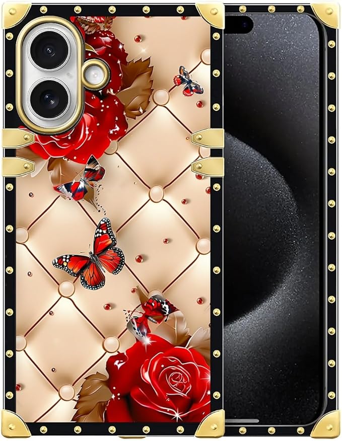 for iPhone 17 Case Luxury Golden Decoration for Girl Women Soft TPU Shockproof Protective Hard PC Back for iPhone 17 Crazy Pattern Shining Red Rose Butterfly Leather Background