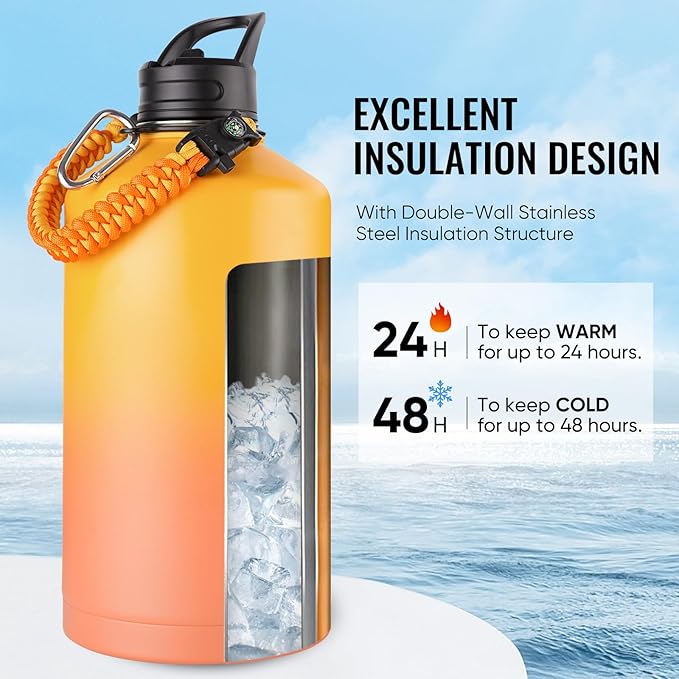 Fijinhom Gallon Water Bottle with 2 Lids (Straw & Spout), 304 Stainless Steel Water Jug with Handle and Wide Mouth, 1 Gallon Vacuum Double Walled Jug for Sports, Outdoors, Yellow&Orange 128 oz