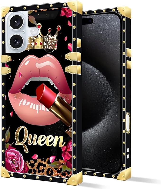 Compatible with iPhone 16 Case, Glitter Red Rose Queen Leopard Lipstick Luxury Golden Decoration for Girl Women Soft TPU Shockproof Protective Hard PC Back
