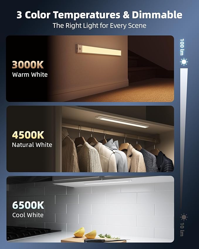 Under Cabinet Lighting Wireless, Rechargeable Battery Motion Sensor Light Indoor, LED Closet Lights USB Charging, 3 Color Dimmable Under Cabinet Lights for Kitchen, Cabinet, Wardrobe (3 Pcs) 16inch